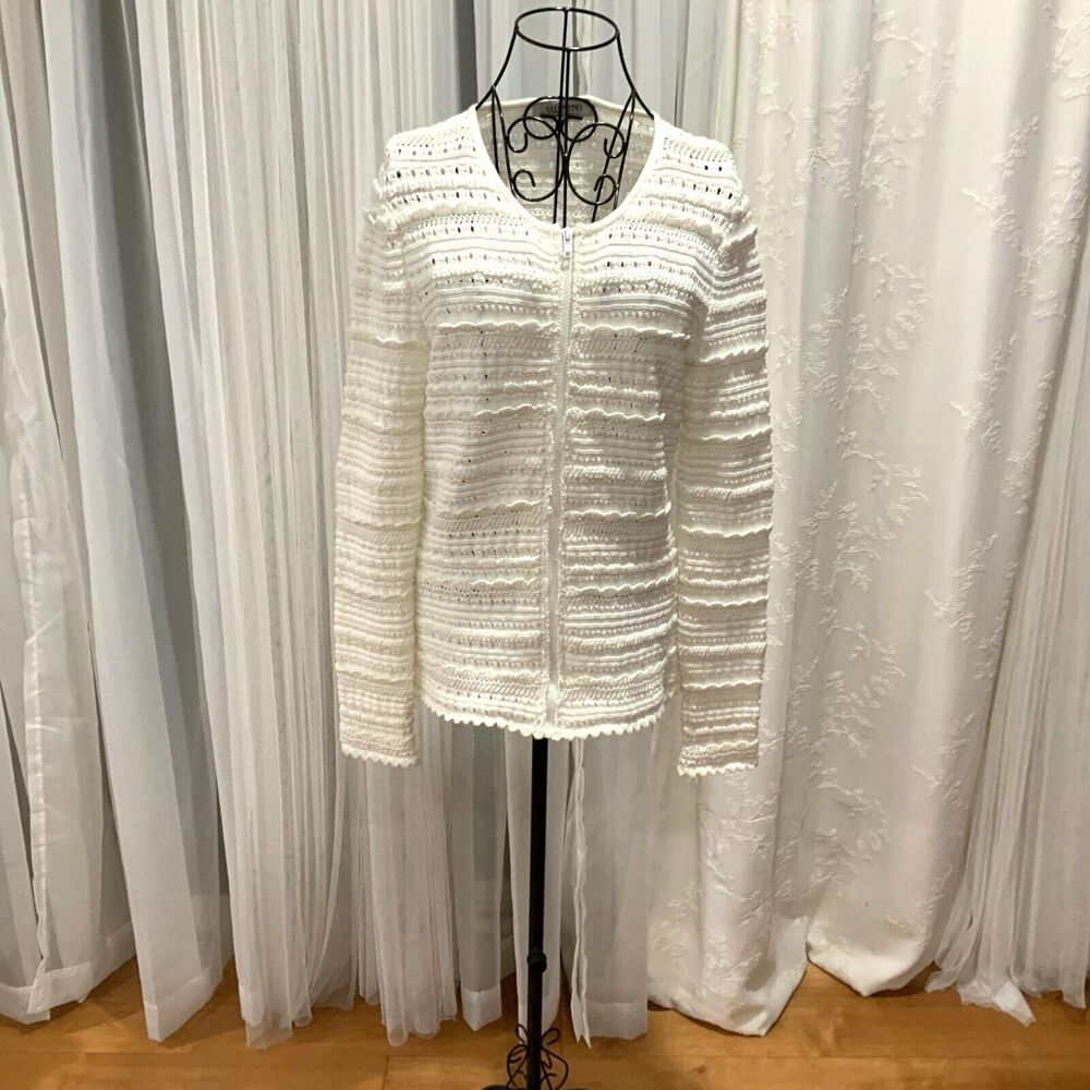 VALENTINO Ribbed Crochet Zipper Jacket Cream Size S